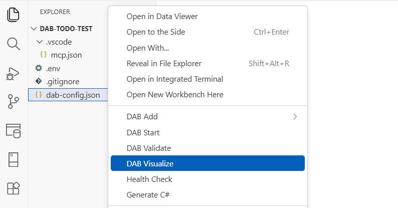 Screenshot dell'output di DAB Visualize reso come diagramma ER in Visual Studio Code.