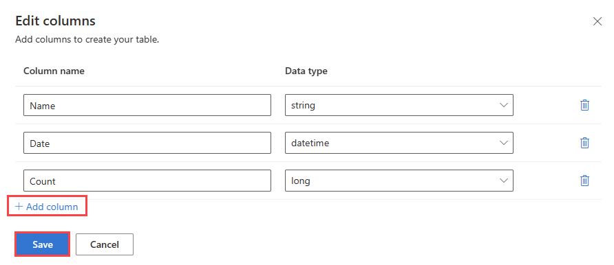 Screenshot del riquadro Modifica colonne, in cui si inseriscono il nome della colonna e il tipo di dati in Azure Data Explorer.