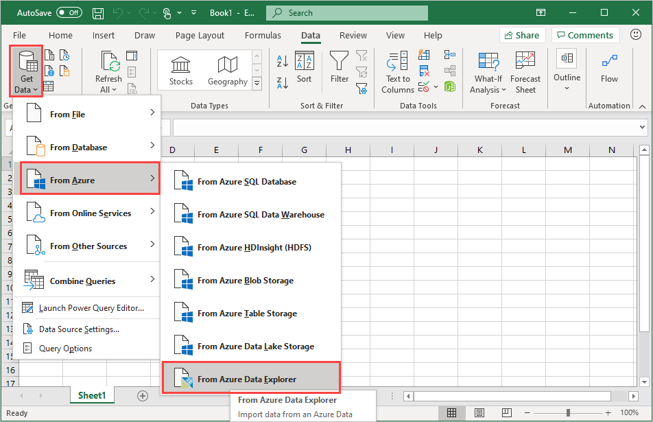 Screenshot che mostra come ottenere dati dall'interfaccia utente Web di Esplora dati di Azure.