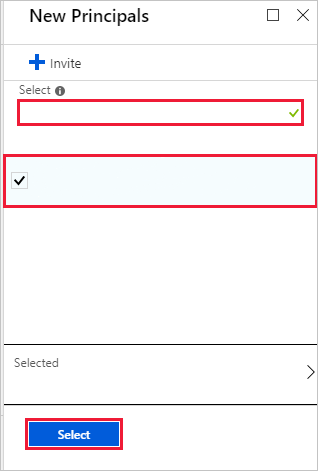 Schermata della pagina Nuove entità del portale di Azure. Il nome e l'immagine di un'entità sono selezionati ed evidenziati. Anche il pulsante Seleziona è evidenziato.