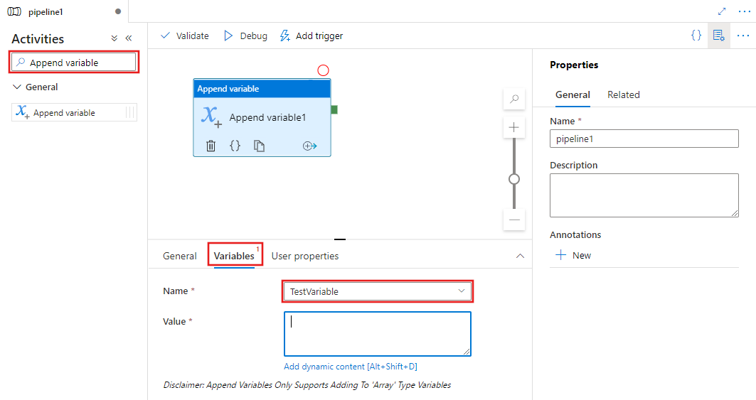 Mostra l'interfaccia utente per un'attività Append Variable.