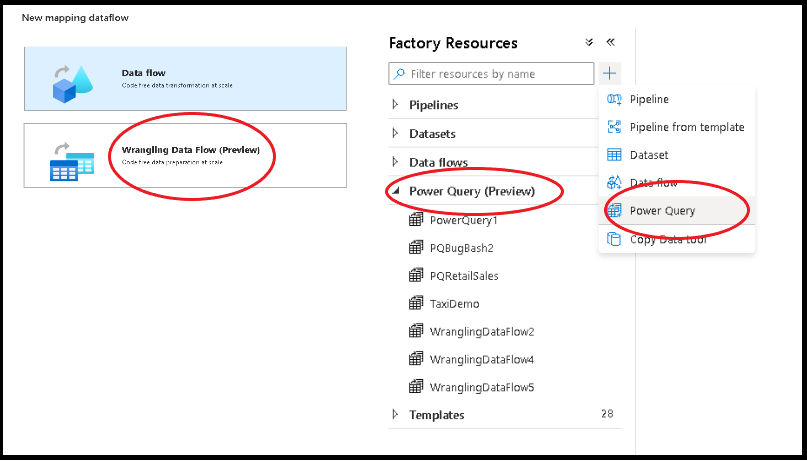 Screenshot che mostra Power Query nel riquadro delle risorse della fabbrica.