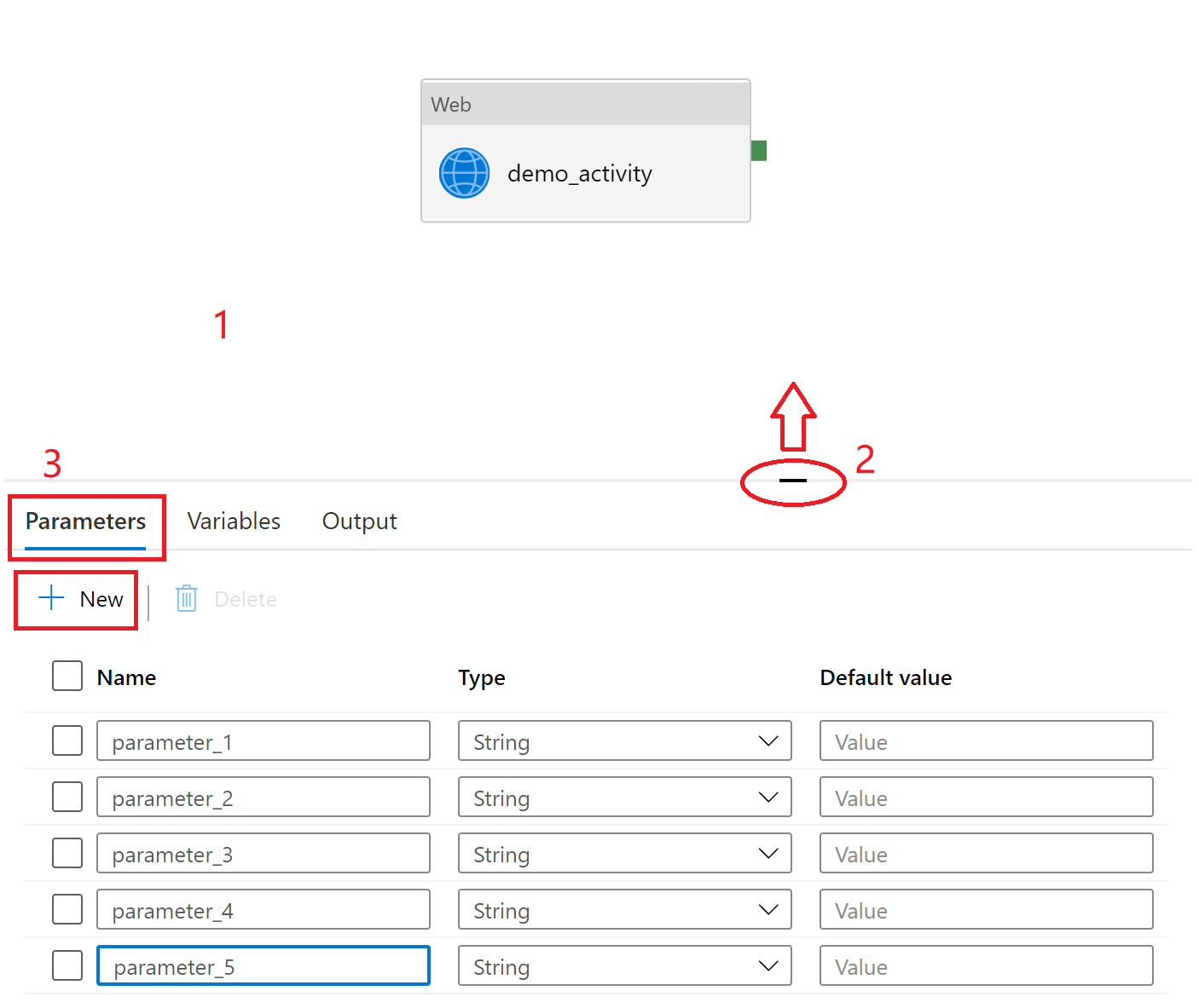 Screenshot che mostra un'impostazione della pipeline che illustra come definire i parametri in una pipeline.