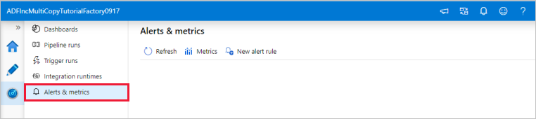 Screenshot della pagina Monitoraggio di Data Factory.