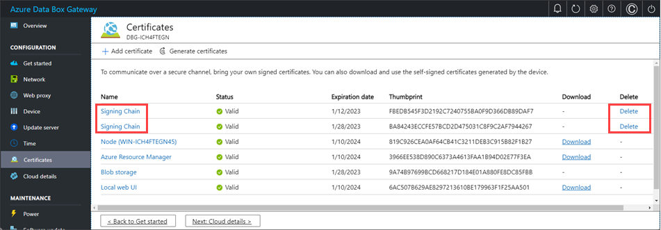 Screenshot del pannello Certificati dell'interfaccia utente Web locale di un dispositivo Azure Stack Edge. L'opzione Elimina per i certificati di firma è evidenziata.