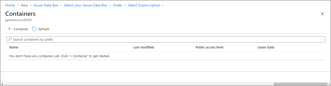 Screenshot che mostra Seleziona opzioni di esportazione per un ordine di Data Box.