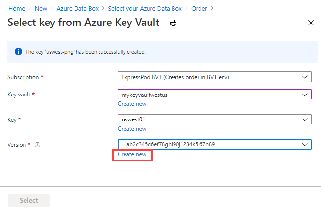 Acquisizione dello schermo che mostra il messaggio di conferma durante la creazione di una nuova chiave di Azure Key Vault per fornire una chiave gestita dal cliente nella scheda Sicurezza dell'ordine di esportazione di Data Box.