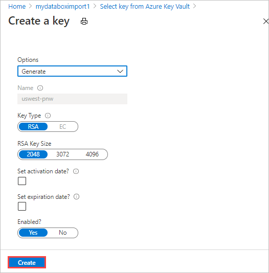 Schermata che mostra le opzioni per generare una nuova versione di una chiave esistente di Azure Key Vault per fornire una chiave gestita dal cliente nella scheda Sicurezza dell'ordine di esportazione di Data Box.