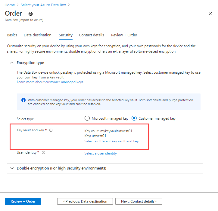 Screenshot dei valori delle chiavi e dell'insieme di credenziali delle chiavi presenti dopo la creazione di una nuova chiave di Azure Key Vault per fornire una chiave gestita dal cliente per un ordine di esportazione di Data Box.