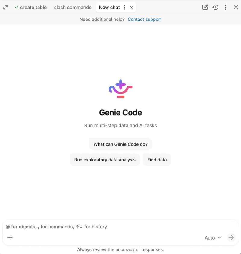 Il riquadro laterale di Genie Code con diversi thread di chat aperti in schede.