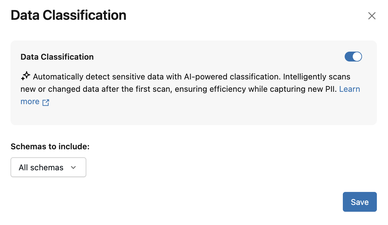 Modale delle impostazioni per la classificazione dei dati.
