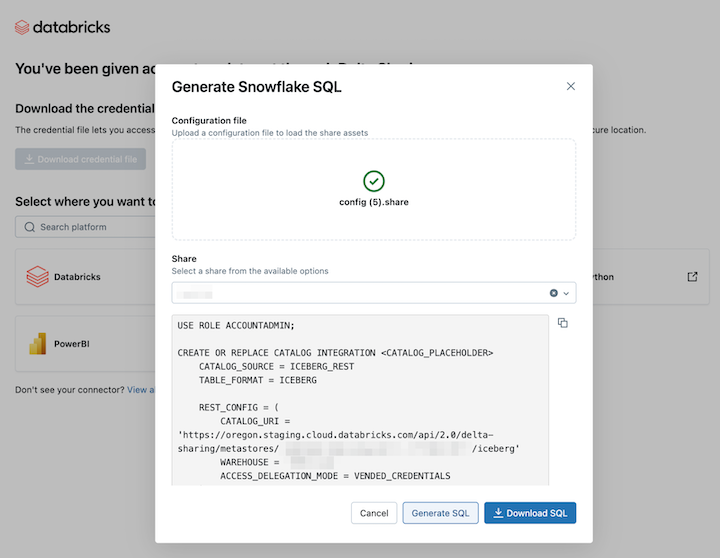 Generare il comando SQL per Snowflake