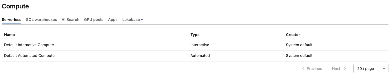 Scheda Serverless nella pagina Calcolo che elenca gli oggetti di calcolo interattivi e automatizzati predefiniti