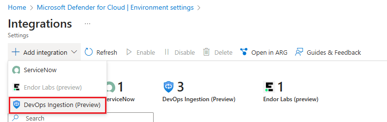 Screenshot del menu Aggiungi integrazione con l'opzione Ingestion DevOps (Anteprima) evidenziata.