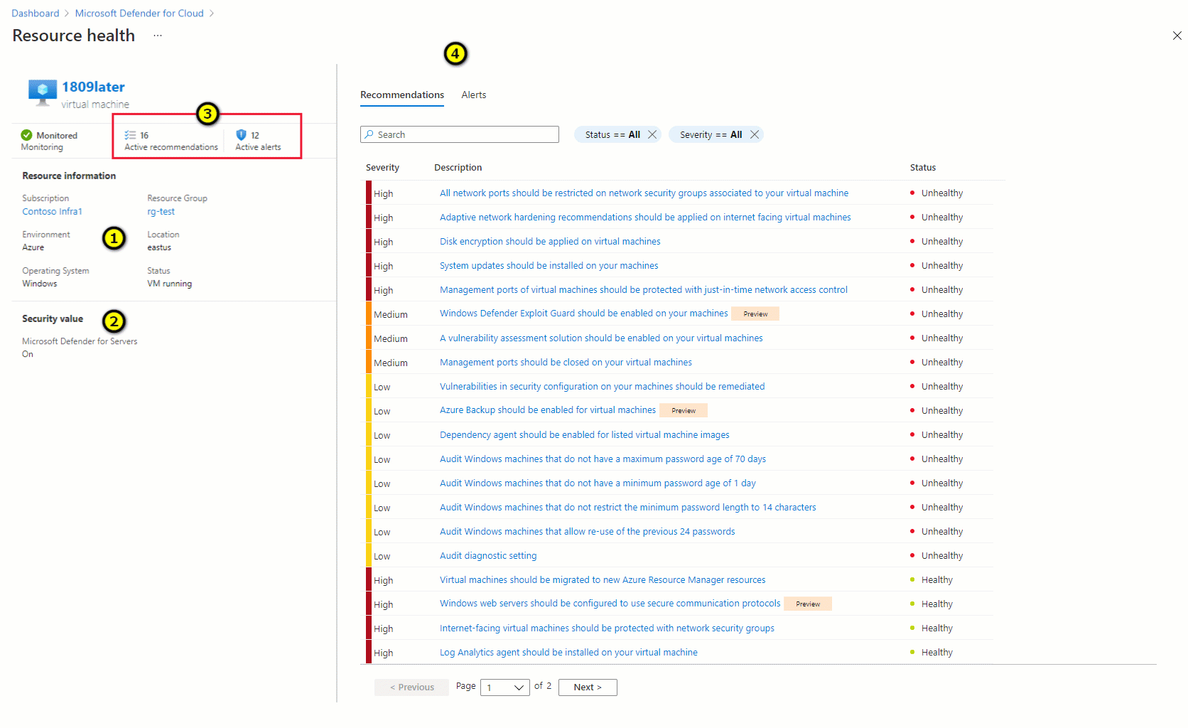 Centro sicurezza di Azure che mostra le informazioni sull'integrità per una macchina virtuale