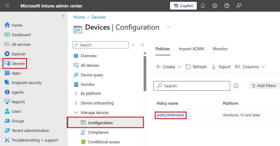 Screenshot che mostra l'interfaccia di amministrazione di Microsoft Intune con il riquadro Dispositivi e La configurazione del dispositivo evidenziata.