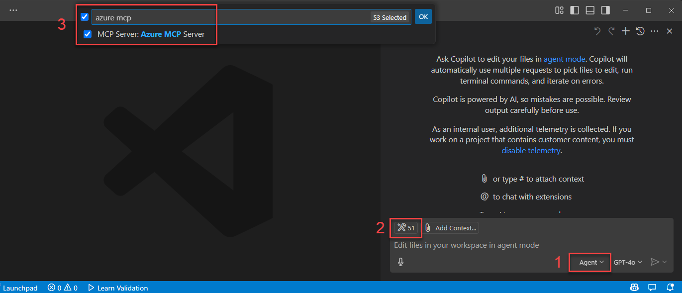 Screenshot che mostra il server MCP di Azure come strumento GitHub Copilot.