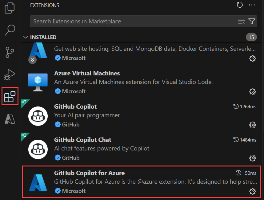 Screenshot che mostra GitHub Copilot per Azure nell'elenco delle estensioni in Visual Studio Code.
