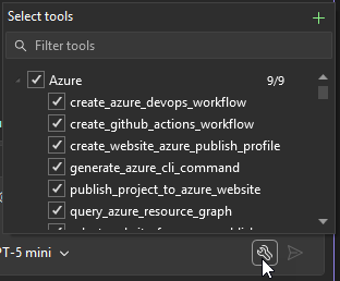 Screenshot del riquadro della chat con il pulsante Seleziona strumenti su Visual Studio 2026.