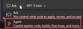 Screenshot che mostra il menu modalità nell'area di chat in Visual Studio 2026.