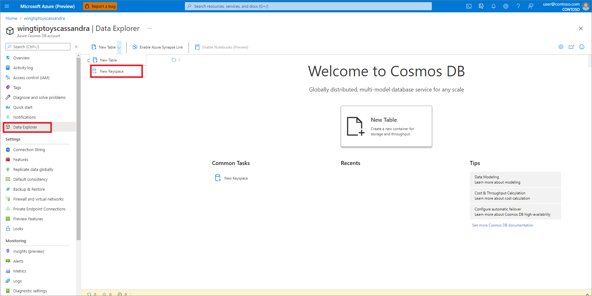Selezionare un nuovo keyspace.