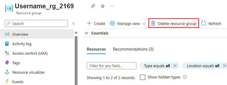 Screenshot che mostra come eliminare un gruppo di risorse nel portale di Azure.