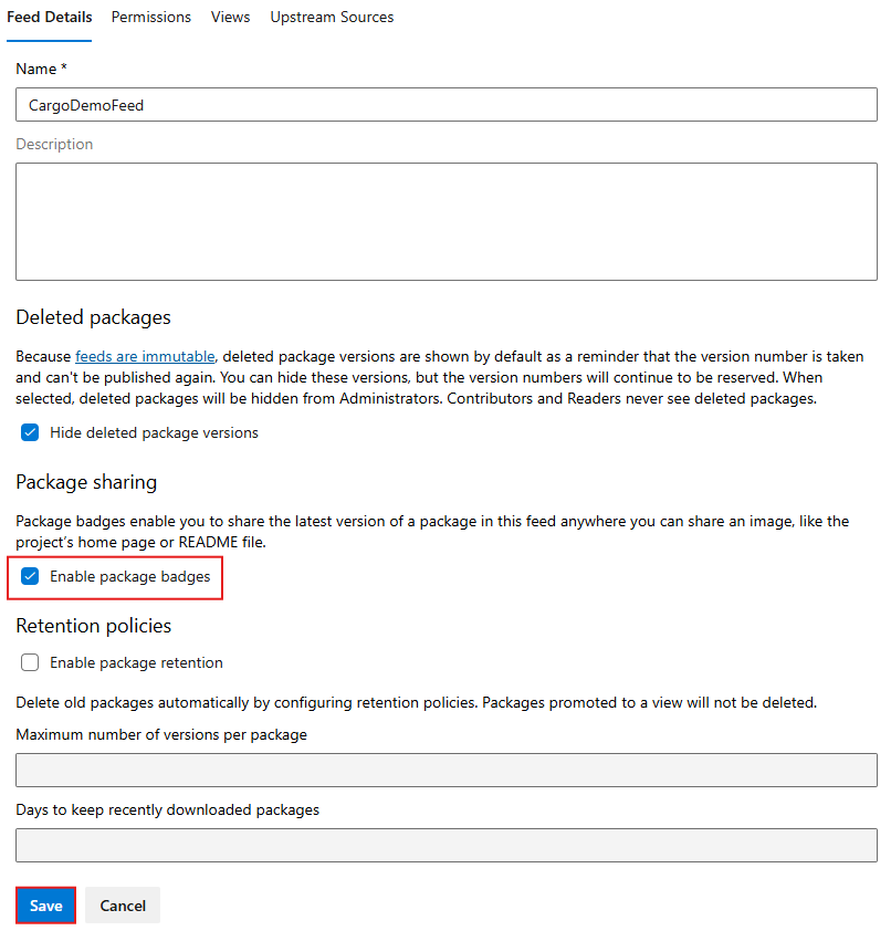 Screenshot che mostra come abilitare le notifiche dei pacchetti in Azure Artifacts.