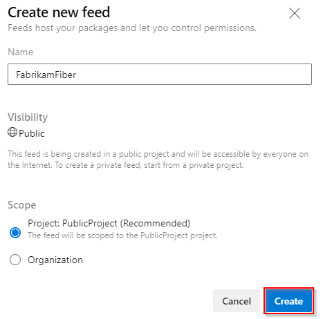 Screenshot che mostra come creare un nuovo feed pubblico in Azure DevOps Services.