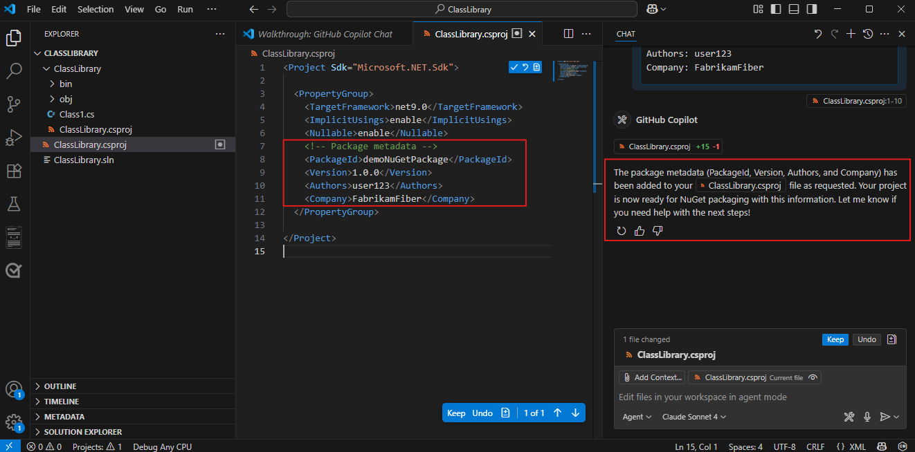 Screenshot che mostra GitHub Copilot che conferma l'aggiunta corretta dei metadati del pacchetto.