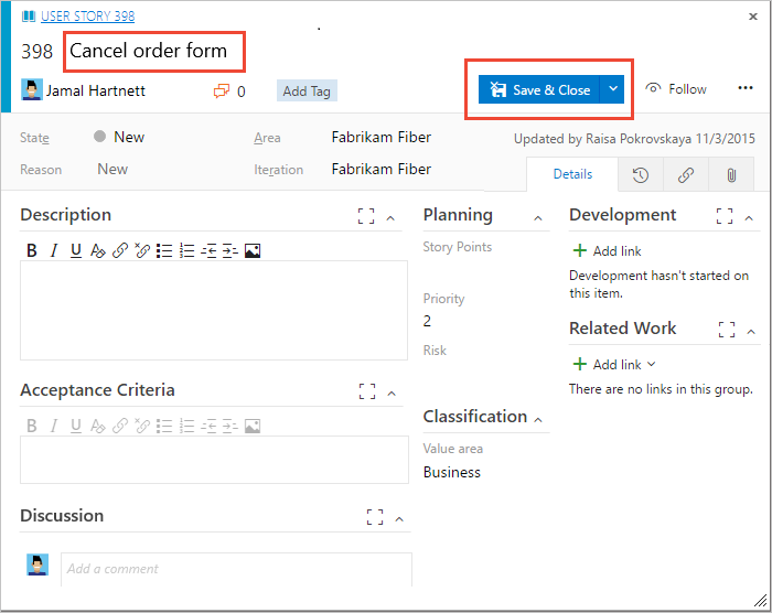 Screenshot del processo Agile, storia utente come elemento di lavoro.