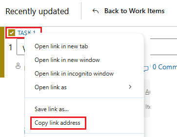 Screenshot per copiare il collegamento ipertestuale di un elemento di lavoro dal portale web.
