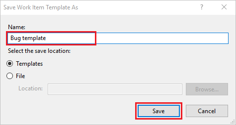 Screenshot della finestra di dialogo Salva come modello di elemento di lavoro in Visual Studio.