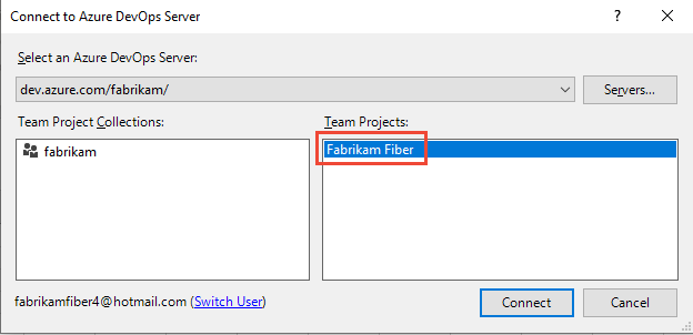 Screenshot della finestra di dialogo Connetti a Azure DevOps con un progetto selezionato.