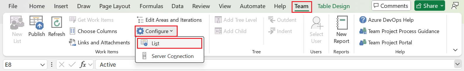 Screenshot della barra multifunzione Team con l'opzione Configura, Elenco evidenziata.