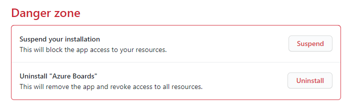 Screenshot che mostra la sezione Zona di pericolo, con opzioni per sospendere e disinstallare.