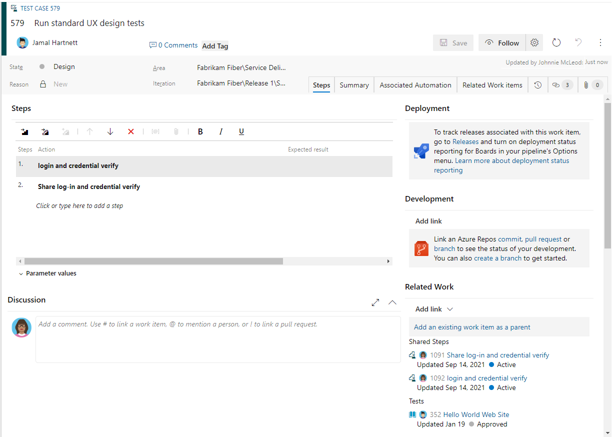 Screenshot del modulo dell'elemento di lavoro di test che mostra i passaggi.