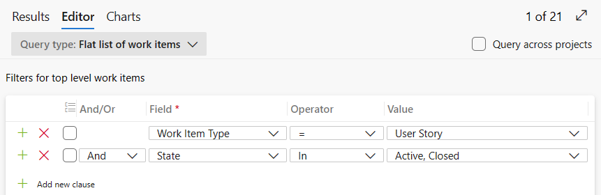 Screenshot che mostra l'elenco piatto dell'editor di query per le storie utente in stato Attivo o Chiuso.