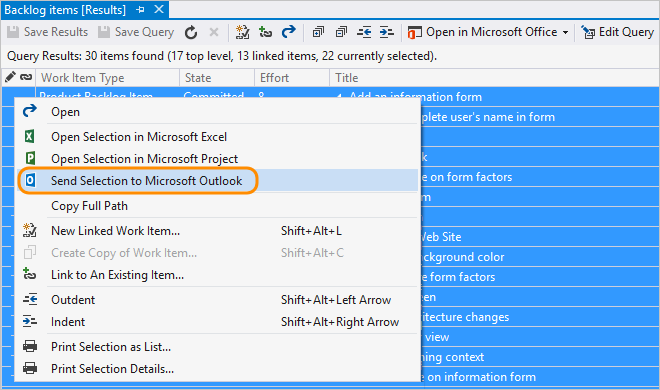 Screenshot degli elementi selezionati nel risultato della query di Visual Studio per posta elettronica.
