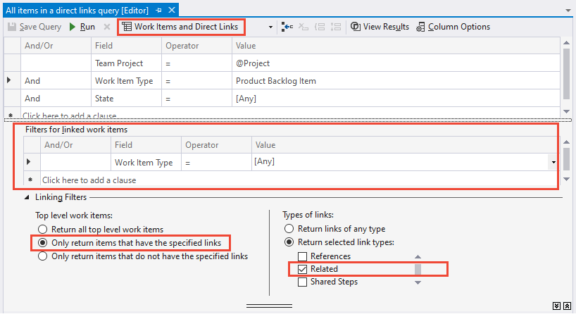 Screenshot, Editor di query, Query collegamenti diretti, Team Explorer.