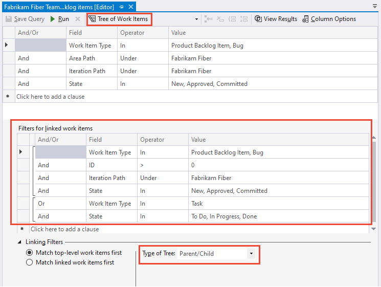 Screenshot, Editor di query, Query ad albero, Team Explorer. 