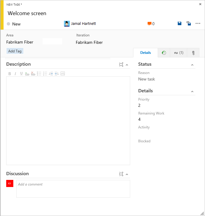 Screenshot che mostra il modulo dell'item di lavoro Scrum Task.