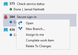 Screenshot di Visual Studio, Team Explorer, Elementi di lavoro, menu contestuale delle opzioni.