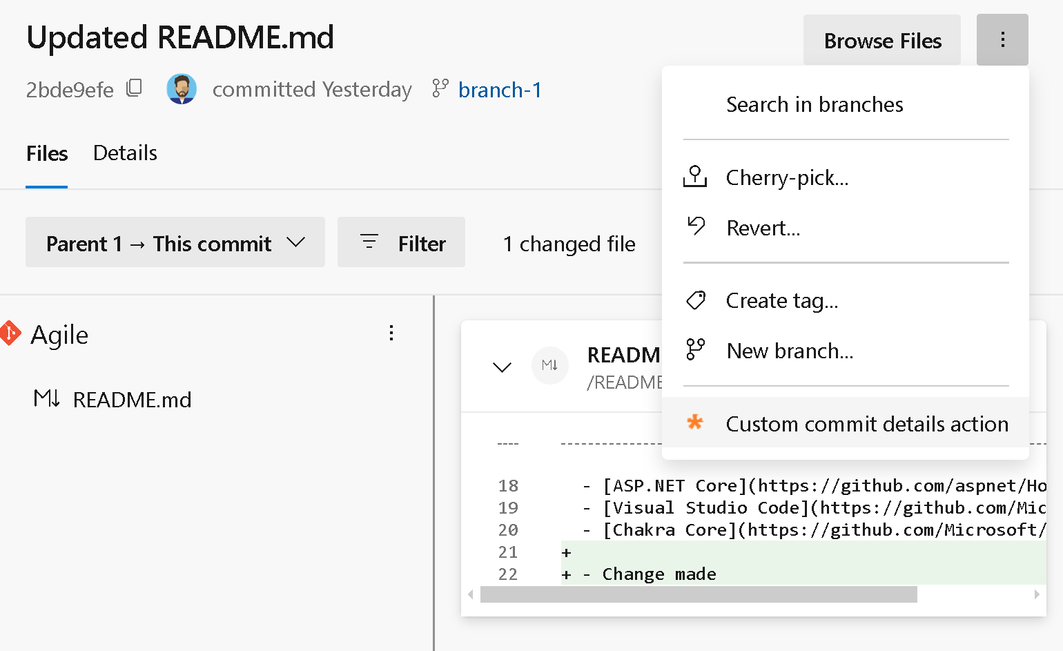 Screenshot del menu dei dettagli del commit Git.
