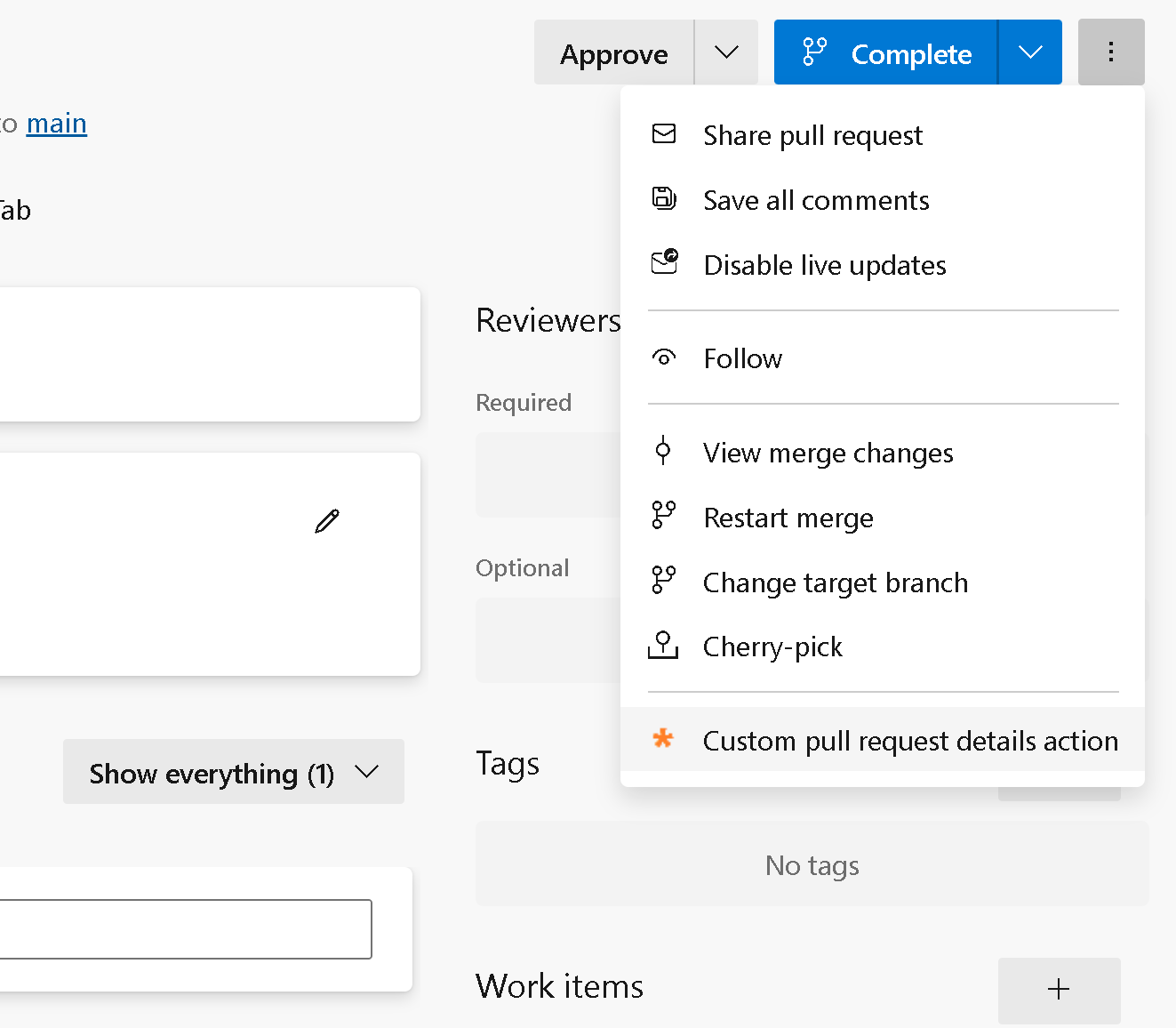 Screenshot del menu Azioni della richiesta pull Git.