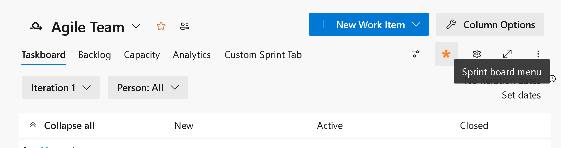 Screenshot del menu filtro pivot della scheda sprint.