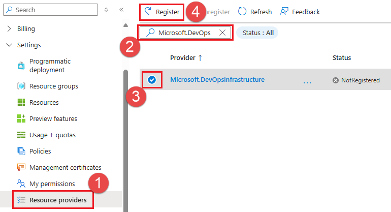 Screenshot della registrazione del provider di risorse Azure Managed DevOps Pools.