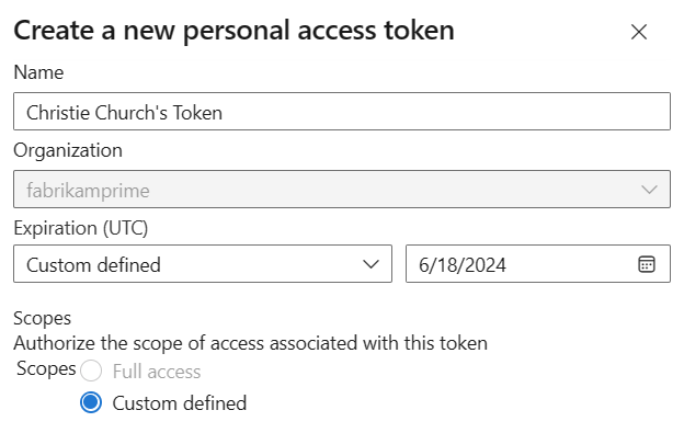 Screenshot che mostra la finestra di dialogo Crea un nuovo token di accesso personale con i campi nome, organizzazione e scadenza.