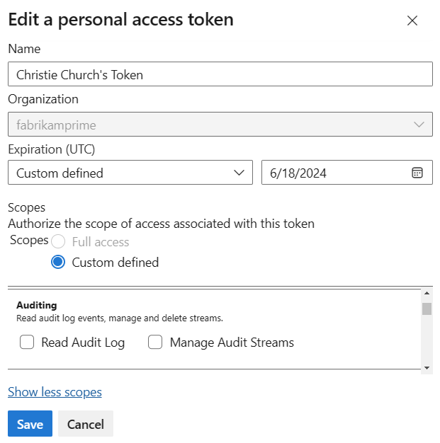 Screenshot che mostra la finestra di dialogo Modifica per un token di accesso personale con nome, scadenza e campi di ambito.