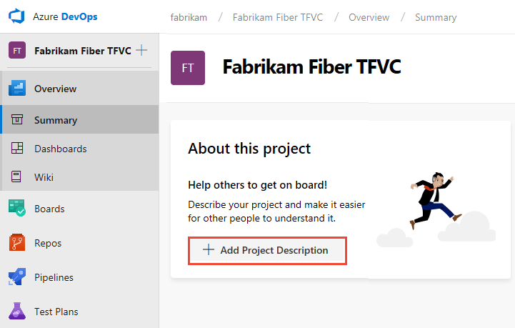 Screenshot della pagina iniziale, nuovo progetto TFVC, creare un file README.