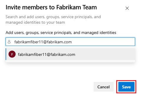 Screenshot della finestra di dialogo Invita membri al team, scegliere l'account utente da aggiungere al team.